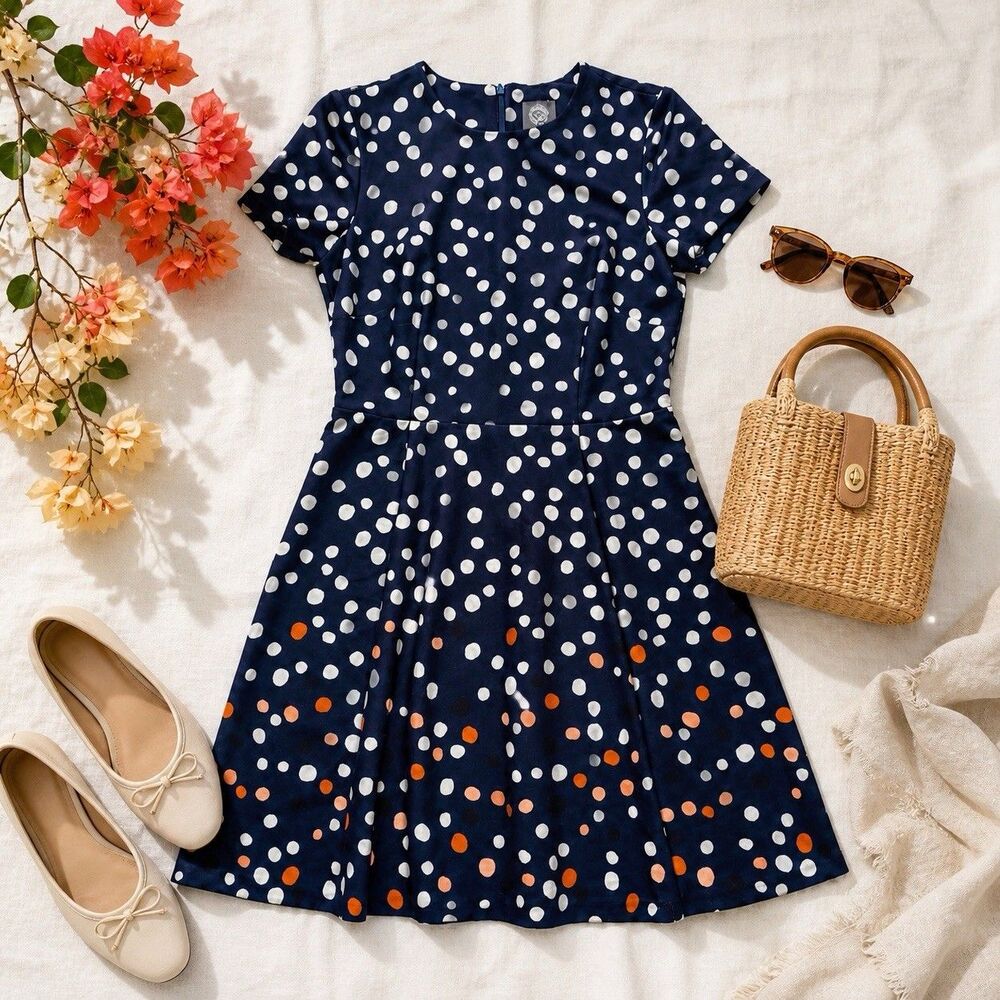 Vince Camuto Polka Dot Fit Flare Dress Navy Short Sleeve Retro Midi Size 6